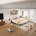 Cozy Bedroom Interior With Double Bed Decorative Paintings Round Mirror And Wooden Floor