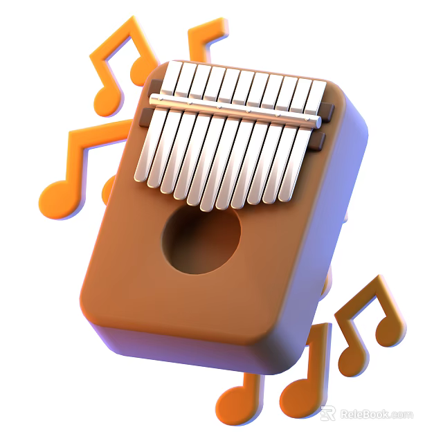 Modern Decorative Ornament Set With Wooden Kalimba And Orange Musical Notes Design 3d model 