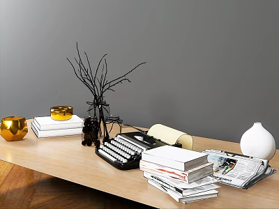 Elegant Decorative Ornament Set For Tabletop With Vintage Typewriter Stacked Books And Ceramic Vases 3d model