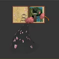Cartoon Scene Featuring Open Book Red Tower Pink Cherry Blossoms Falling Petals And Yellow Lantern