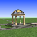 Round Pavilion With Glass Dome Stone Base And Steps In Grass Landscape Pathway 3d model
