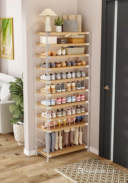 Multi Tiered Shoe Rack with Various Shoes Neatly Arranged In Living Room Entryway 3d model 