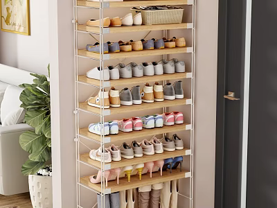 Multi Tiered Shoe Rack with Various Shoes Neatly Arranged In Living Room Entryway 3d model