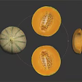Whole and Cut Open Cantaloupe with Orange Flesh and Seed Sections on Black Surface