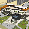 Orange Building With Modern High Rise And White Columns In Paved Plaza