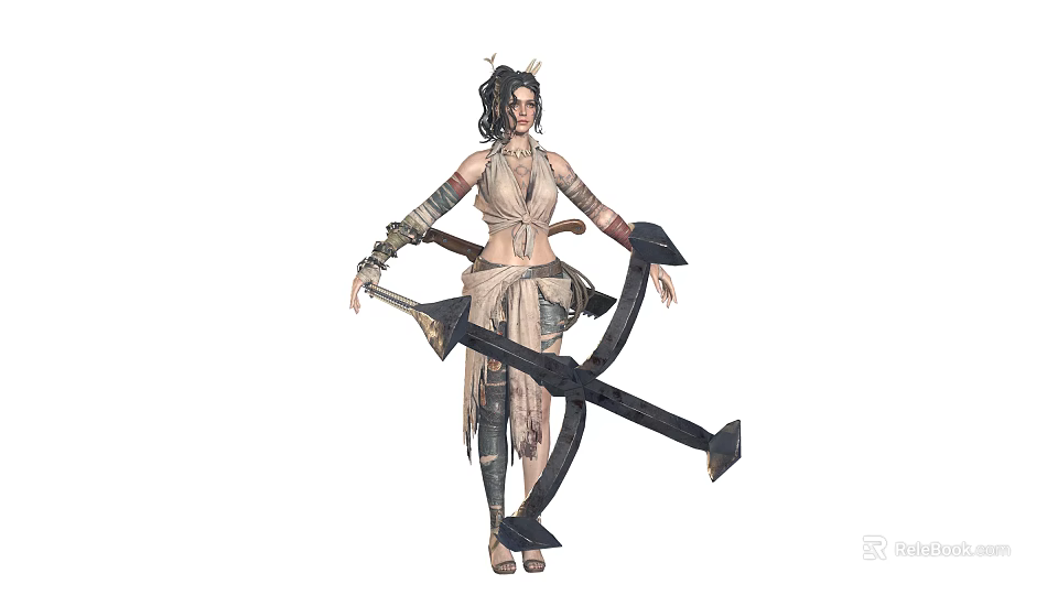 Female Warrior with Mythical Creature Companion Wearing Horned Headdress and Crossbow Weapon 3d model 