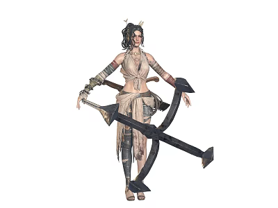 Female Warrior with Mythical Creature Companion Wearing Horned Headdress and Crossbow Weapon 3d model