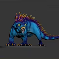 Blue Striped Fantasy Creature With Colorful Spines Yellow Eyes Sharp Claws Tongue Out On Base