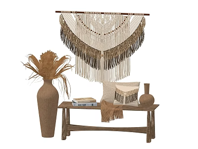 Natural Decorative Ornament Set with Macrame Wall Hanging Pampas Grass Vase Wooden Table 3d model