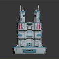 Cartoon Scene With Blue White Multi Layered Building Towers And Pink Accents On Platform Base