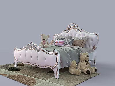 Elegant Pink Double Bed With Carved Headboard Soft Pillows and Stuffed Teddy Bears 3d model