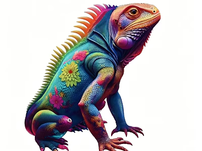 Colorful Iguana Decorative Ornament Set with Floral Patterns and Vibrant Red Blue Green Yellow Colors 3d model
