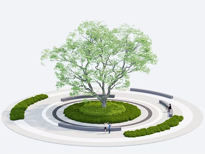 Circular Tree Pit With Large Tree Green Lawn Surrounding Shrubs And Circular Walkway 3d model