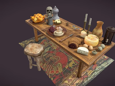 Rustic Wooden Dining Table Set With Stool Rug Fruits Cheese Bread Candlesticks Grinder And Vase 3d model