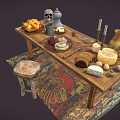 Rustic Wooden Dining Table Set With Stool Rug Fruits Cheese Bread Candlesticks Grinder And Vase