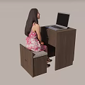 Wooden Dressing Table Set With Mirror Drawers And Upholstered Stool 3d model