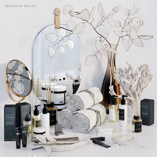 Elegant Bathroom Accessories with Soft Towels Aromatic Candles Decorative Mirrors Lotion Bottles and Decorative Branches 3d model 