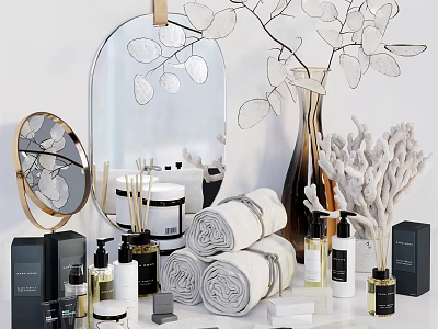 Elegant Bathroom Accessories with Soft Towels Aromatic Candles Decorative Mirrors Lotion Bottles and Decorative Branches 3d model