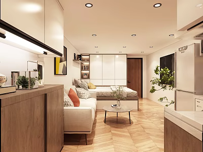 Modern Apartment Living Room With Sofa Coffee Table Plants And Wooden Flooring 3d model