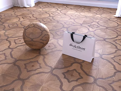 Wooden Flooring with Intricate Geometric Pattern and Wooden Spherical Decor White Shopping Bag 3d model