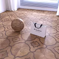 Wooden Flooring with Intricate Geometric Pattern and Wooden Spherical Decor White Shopping Bag