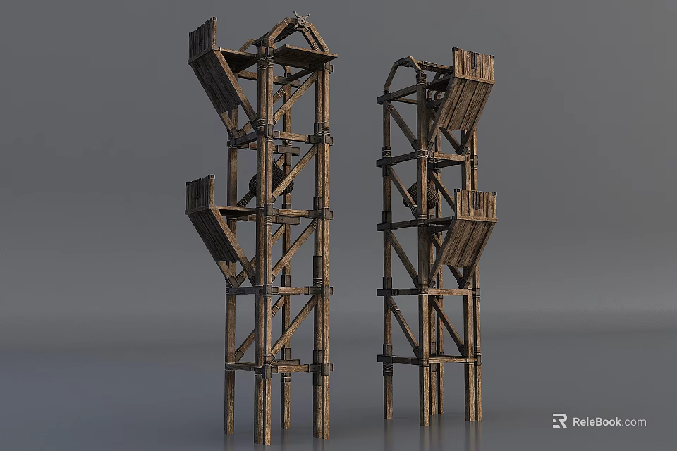 Ancient Wooden Siege Weapons Tower Like Structures With Multiple Platforms And Ladders 3d model