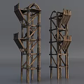 Ancient Wooden Siege Weapons Tower Like Structures With Multiple Platforms And Ladders 3d model