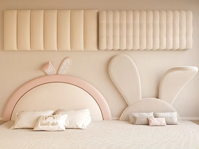 Cute Upholstered Headboard with Rabbit Ear Design Pink and Beige in Cozy Bedroom 3d model