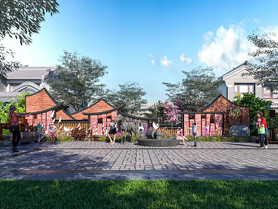 Traditional Scenic Wall In Community Plaza With Trees Greenery And People Activity 3d model