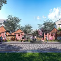 Traditional Scenic Wall In Community Plaza With Trees Greenery And People Activity