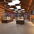 Modern Restaurant Interior With Wooden Ceiling Hexagonal Pendant Lights And Purple Light Strips
