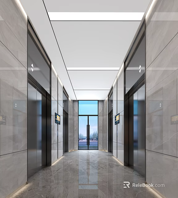 Modern Elevator Corridor With Marble Walls Glass Panels And Bright Lighting 3d model