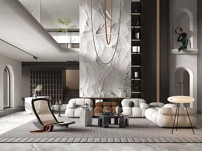 Contemporary Duplex Living Room Interior with Marble Wall Hanging Chandelier Open Space Sofa and Plants 3d model