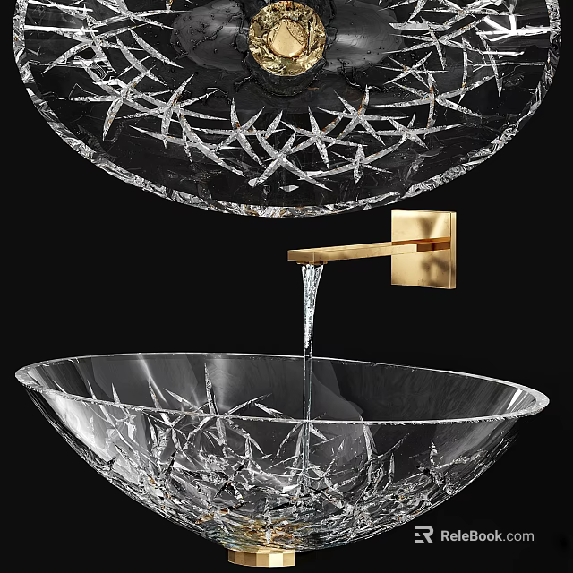 Transparent Glass Washbasin With Star Shaped Carvings And Golden Wall Mounted Faucet Flowing Water 3d model 