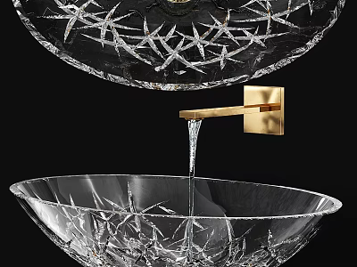 Transparent Glass Washbasin With Star Shaped Carvings And Golden Wall Mounted Faucet Flowing Water 3d model