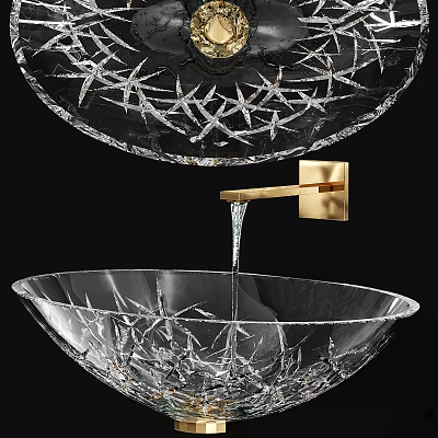 Transparent Glass Washbasin With Star Shaped Carvings And Golden Wall Mounted Faucet Flowing Water 3d model
