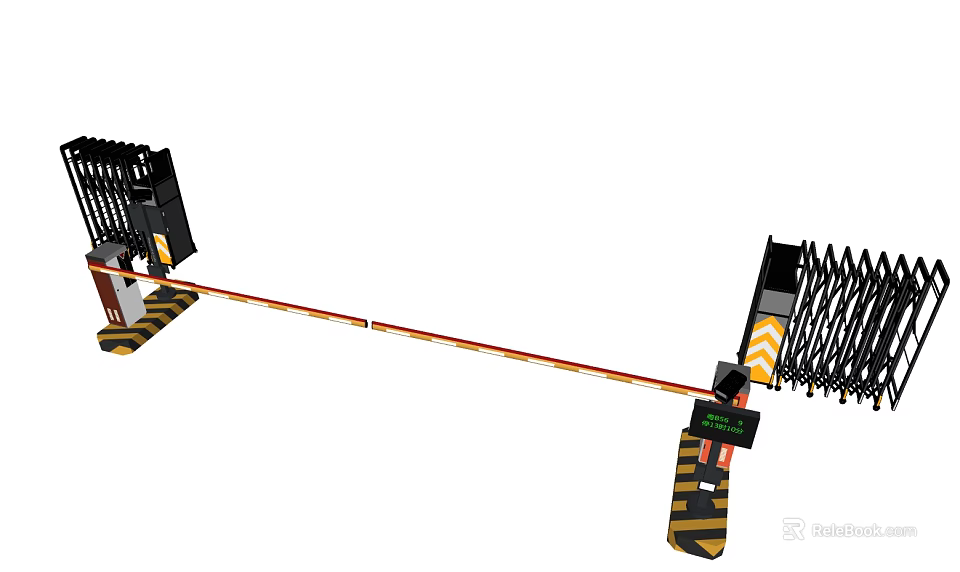 Automatic Parking Lot Gate Barrier With Yellow Black Warning Stripes And Control Panel 3d model