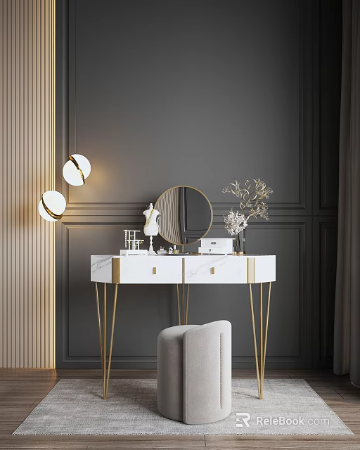 Elegant Dressing Table With Gold Legs Marble Top And Round Mirror On Dark Gray Wall 3d model 