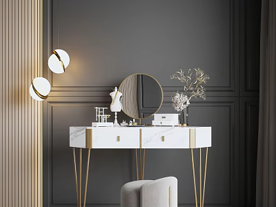 Elegant Dressing Table With Gold Legs Marble Top And Round Mirror On Dark Gray Wall 3d model