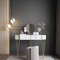 Elegant Dressing Table With Gold Legs Marble Top And Round Mirror On Dark Gray Wall