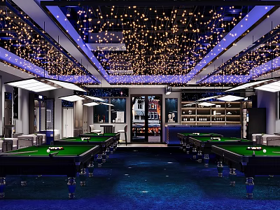 Modern Billiard Room Interior With Decorative Ceiling Lights And Pool Tables 3d model