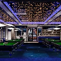 Modern Billiard Room Interior With Decorative Ceiling Lights And Pool Tables 3d model