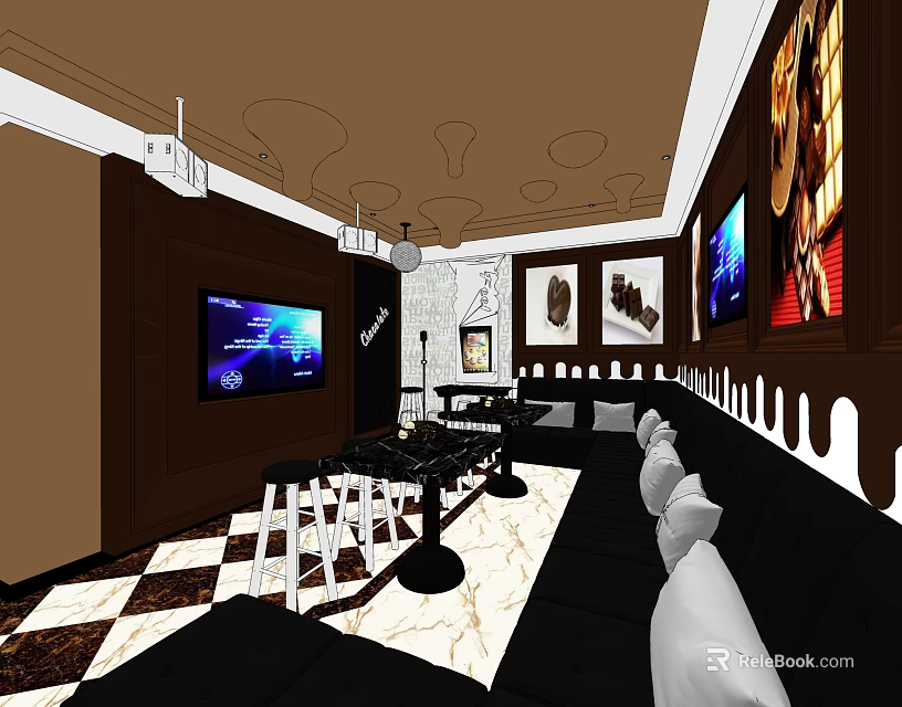 KTV Interior Design With Black Sofas TV Screens Decorative Paintings Marble Floor And Lighting 3d model 