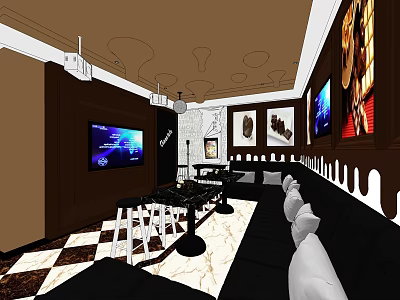 KTV Interior Design With Black Sofas TV Screens Decorative Paintings Marble Floor And Lighting 3d model