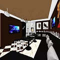 KTV Interior Design With Black Sofas TV Screens Decorative Paintings Marble Floor And Lighting