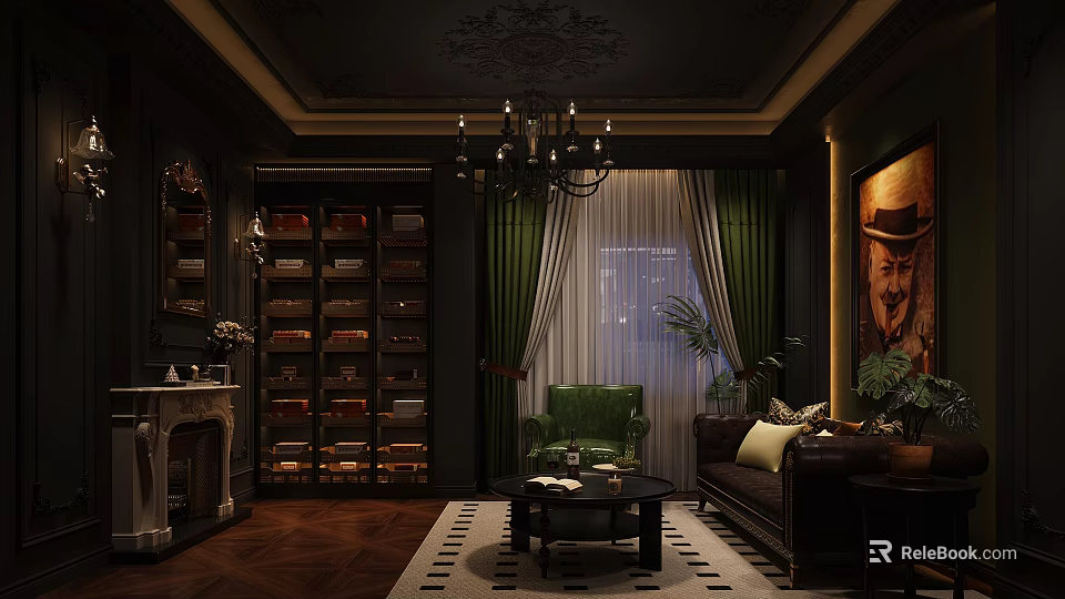Dark Toned Hotel Public Lounge Area With Ornate Chandelier Green Curtains Brown Sofa And Fireplace 3d model 