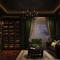 Dark Toned Hotel Public Lounge Area With Ornate Chandelier Green Curtains Brown Sofa And Fireplace