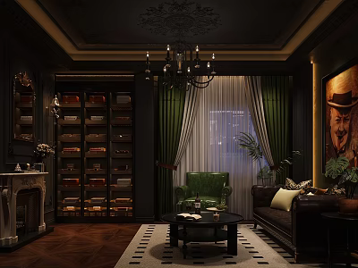 Dark Toned Hotel Public Lounge Area With Ornate Chandelier Green Curtains Brown Sofa And Fireplace 3d model