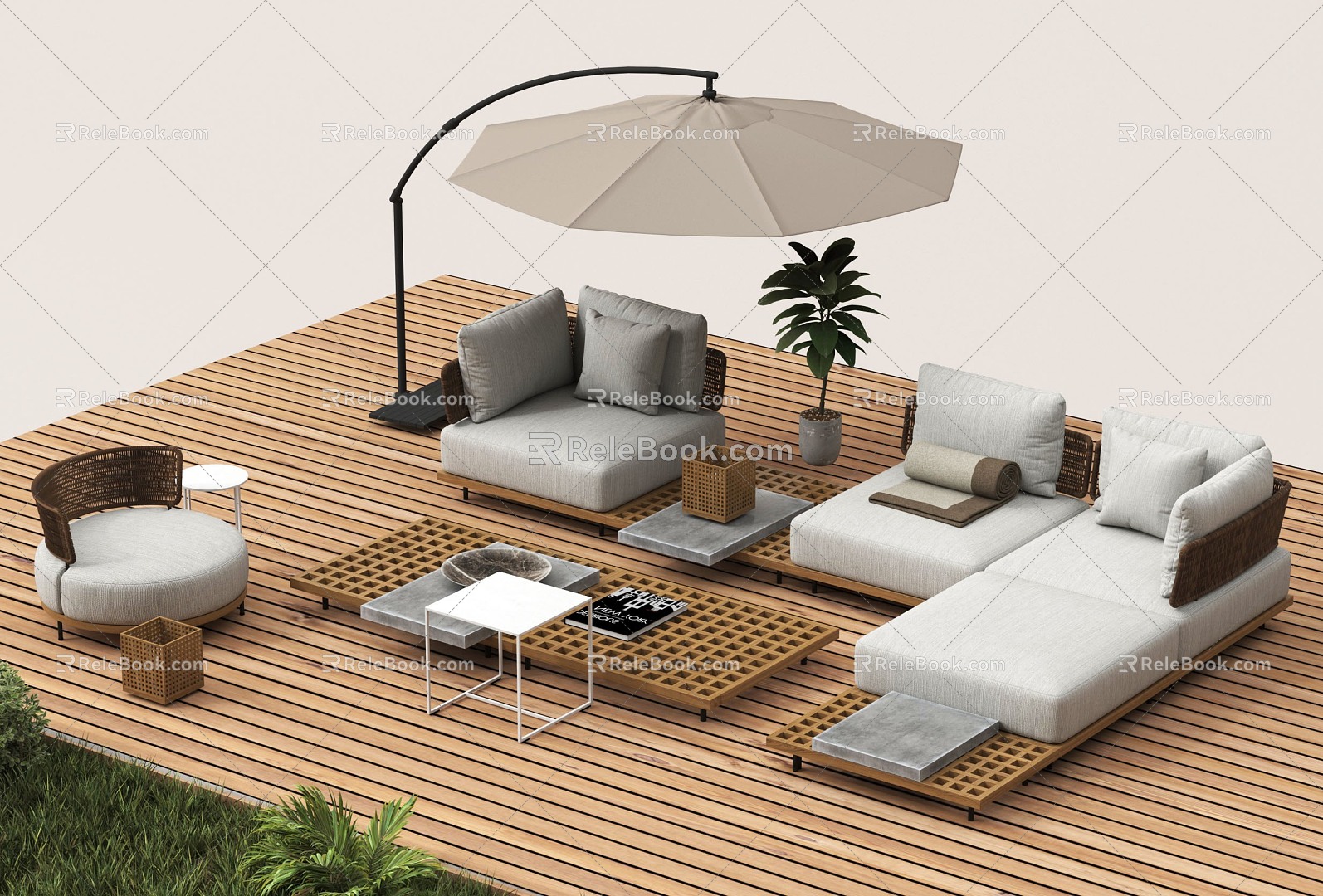 Modern outdoor sofa sofa coffee table combination umbrellas flowers and plants 3d model