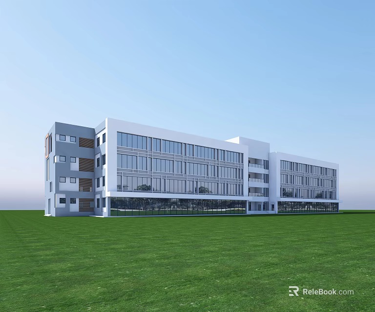 Modern Office Building With Large Glass Windows And Green Lawn Exterior 3d model 